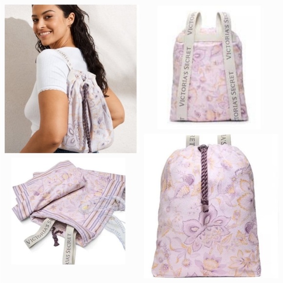 Victoria's Secret Accessories - Victoria’s Secret Floral Terry Cloth Drawstring Backpack Beach Gym Bag NWT
